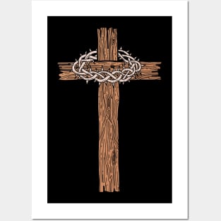 A wooden cross with a crown of thorns Posters and Art